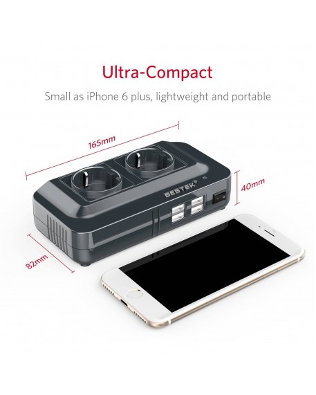 BESTEK 200W KFZ Spannungswandler 12V auf 230V Wechselrichter mit 2 Steckdosen und 4 USB Autoladegerät inkl. Zigarettenanzünder Stecker Schwarz